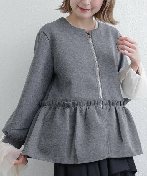 【Mサイズ】フリルジップジャケット｜丸首・ペプラム風デザイン・ストレッチ素材｜chou chou 201799