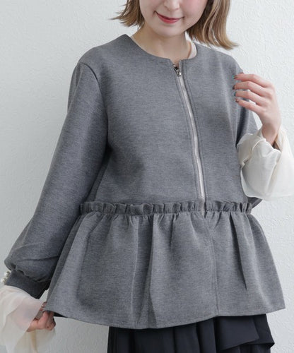 【Mサイズ】フリルジップジャケット｜丸首・ペプラム風デザイン・ストレッチ素材｜chou chou 201799