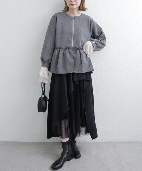 【Mサイズ】フリルジップジャケット｜丸首・ペプラム風デザイン・ストレッチ素材｜chou chou 201799