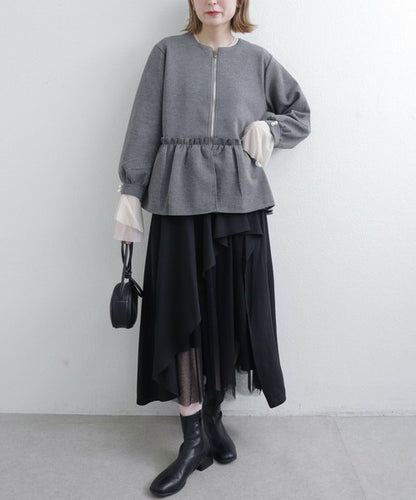 【Mサイズ】フリルジップジャケット｜丸首・ペプラム風デザイン・ストレッチ素材｜chou chou 201799