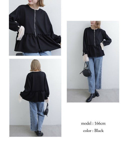 【Mサイズ】フリルジップジャケット｜丸首・ペプラム風デザイン・ストレッチ素材｜chou chou 201799