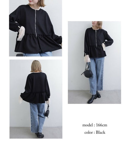 【Mサイズ】フリルジップジャケット｜丸首・ペプラム風デザイン・ストレッチ素材｜chou chou 201799