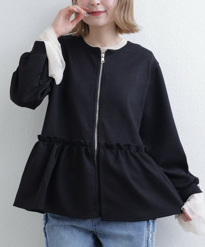 【Mサイズ】フリルジップジャケット｜丸首・ペプラム風デザイン・ストレッチ素材｜chou chou 201799