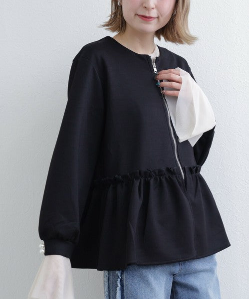 【Mサイズ】フリルジップジャケット｜丸首・ペプラム風デザイン・ストレッチ素材｜chou chou 201799