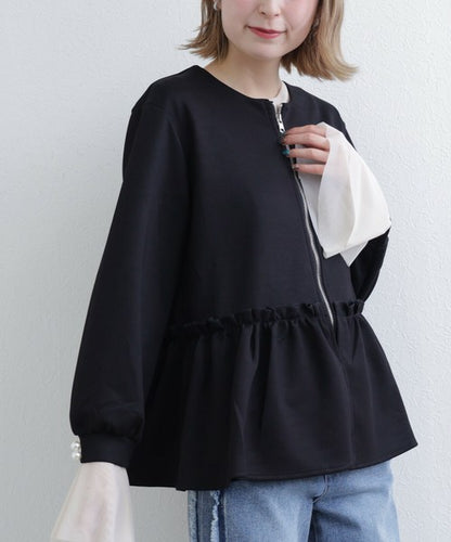 【Mサイズ】フリルジップジャケット｜丸首・ペプラム風デザイン・ストレッチ素材｜chou chou 201799