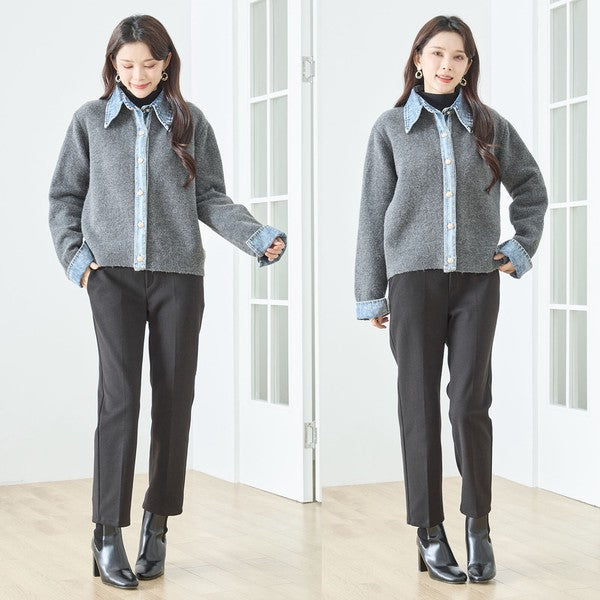 【M〜L】デニム衿コンビニットプルオーバーカーディガン｜異素材ミックス・大人カジュアル・着回し万能｜N22-221A