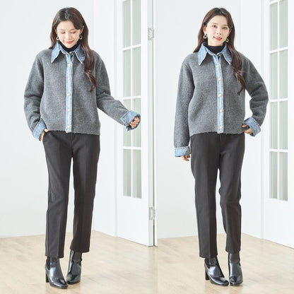 【M〜L】デニム衿コンビニットプルオーバーカーディガン｜異素材ミックス・大人カジュアル・着回し万能｜N22-221A