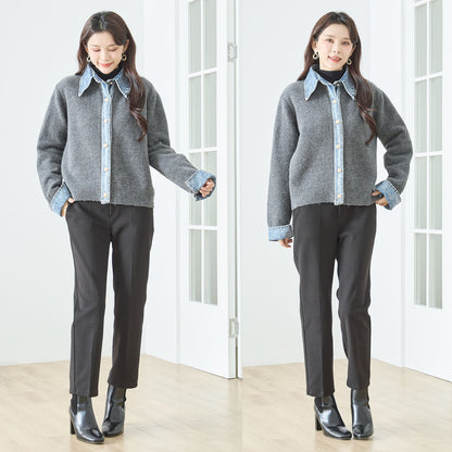 【M〜L】デニム衿コンビニットプルオーバーカーディガン｜異素材ミックス・大人カジュアル・着回し万能｜N22-221A