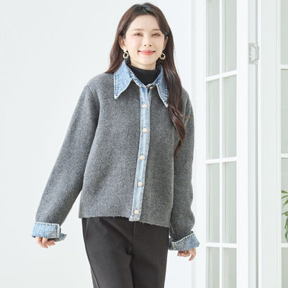 【M〜L】デニム衿コンビニットプルオーバーカーディガン｜異素材ミックス・大人カジュアル・着回し万能｜N22-221A