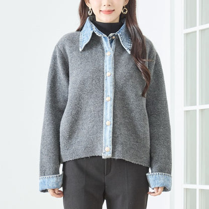 【M〜L】デニム衿コンビニットプルオーバーカーディガン｜異素材ミックス・大人カジュアル・着回し万能｜N22-221A