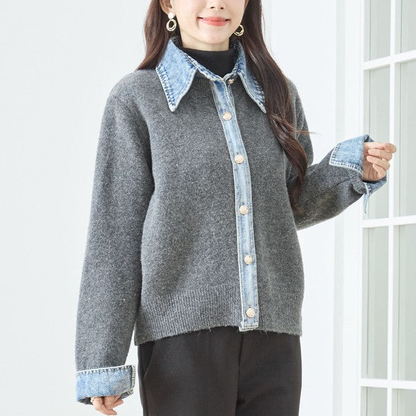 【M〜L】デニム衿コンビニットプルオーバーカーディガン｜異素材ミックス・大人カジュアル・着回し万能｜N22-221A