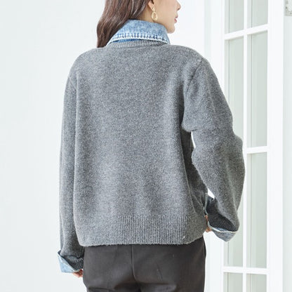 【M〜L】デニム衿コンビニットプルオーバーカーディガン｜異素材ミックス・大人カジュアル・着回し万能｜N22-221A