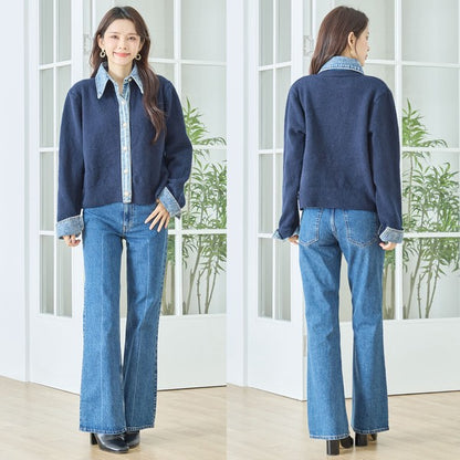 【M〜L】デニム衿コンビニットプルオーバーカーディガン｜異素材ミックス・大人カジュアル・着回し万能｜N22-221A