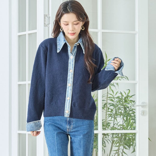 M〜L】デニム衿コンビニットプルオーバーカーディガン｜異素材ミックス
