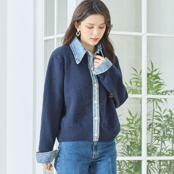 【M〜L】デニム衿コンビニットプルオーバーカーディガン｜異素材ミックス・大人カジュアル・着回し万能｜N22-221A