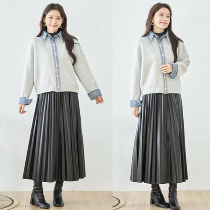 【M〜L】デニム衿コンビニットプルオーバーカーディガン｜異素材ミックス・大人カジュアル・着回し万能｜N22-221A