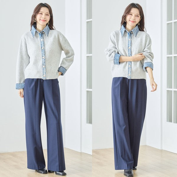 【M〜L】デニム衿コンビニットプルオーバーカーディガン｜異素材ミックス・大人カジュアル・着回し万能｜N22-221A