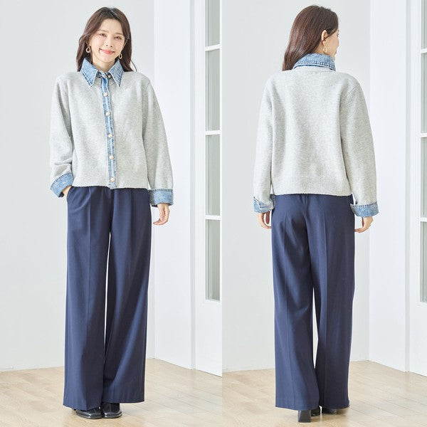 【M〜L】デニム衿コンビニットプルオーバーカーディガン｜異素材ミックス・大人カジュアル・着回し万能｜N22-221A