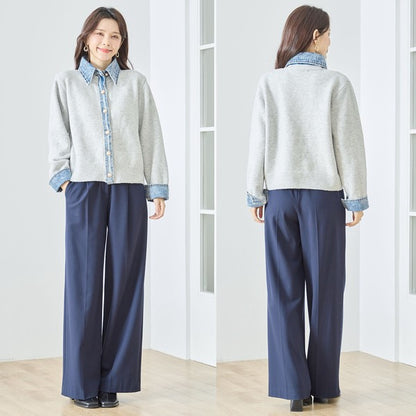 【M〜L】デニム衿コンビニットプルオーバーカーディガン｜異素材ミックス・大人カジュアル・着回し万能｜N22-221A