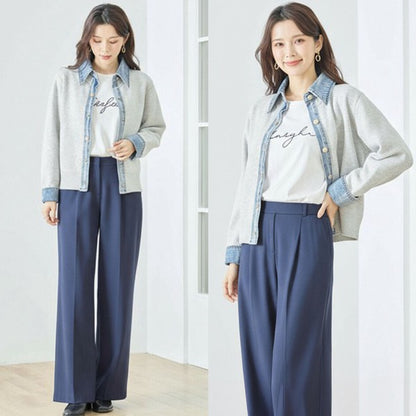 【M〜L】デニム衿コンビニットプルオーバーカーディガン｜異素材ミックス・大人カジュアル・着回し万能｜N22-221A