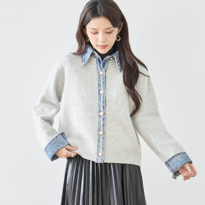 【M〜L】デニム衿コンビニットプルオーバーカーディガン｜異素材ミックス・大人カジュアル・着回し万能｜N22-221A