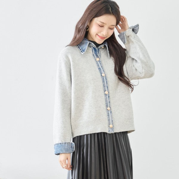 【M〜L】デニム衿コンビニットプルオーバーカーディガン｜異素材ミックス・大人カジュアル・着回し万能｜N22-221A