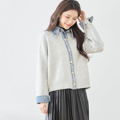 【M〜L】デニム衿コンビニットプルオーバーカーディガン｜異素材ミックス・大人カジュアル・着回し万能｜N22-221A