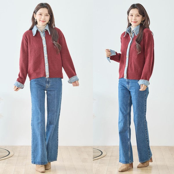 【M〜L】デニム衿コンビニットプルオーバーカーディガン｜異素材ミックス・大人カジュアル・着回し万能｜N22-221A