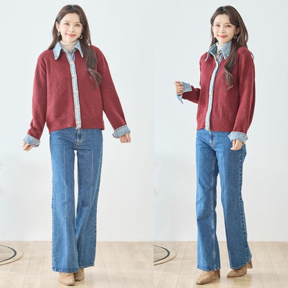 【M〜L】デニム衿コンビニットプルオーバーカーディガン｜異素材ミックス・大人カジュアル・着回し万能｜N22-221A