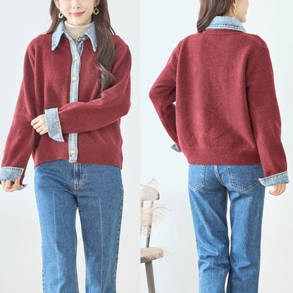 【M〜L】デニム衿コンビニットプルオーバーカーディガン｜異素材ミックス・大人カジュアル・着回し万能｜N22-221A