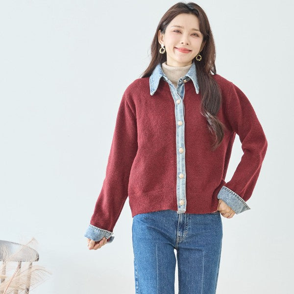 【M〜L】デニム衿コンビニットプルオーバーカーディガン｜異素材ミックス・大人カジュアル・着回し万能｜N22-221A