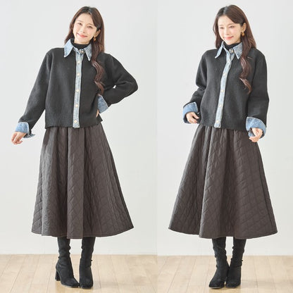 【M〜L】デニム衿コンビニットプルオーバーカーディガン｜異素材ミックス・大人カジュアル・着回し万能｜N22-221A