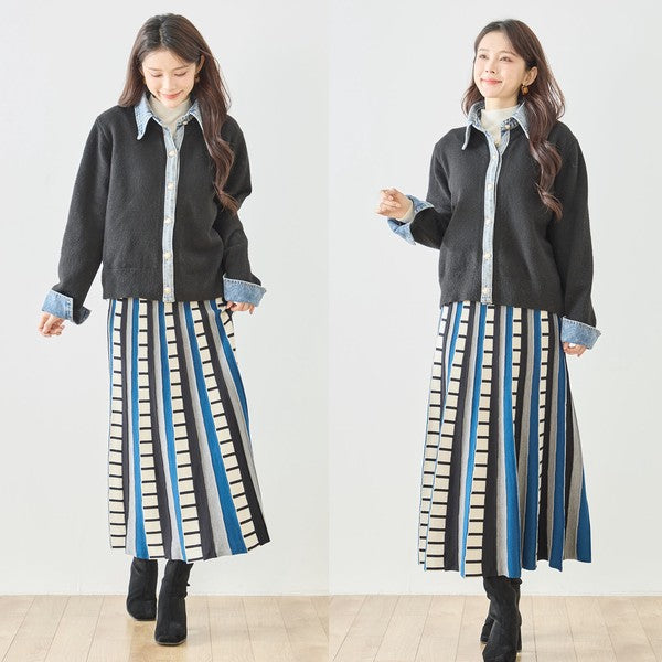 【M〜L】デニム衿コンビニットプルオーバーカーディガン｜異素材ミックス・大人カジュアル・着回し万能｜N22-221A