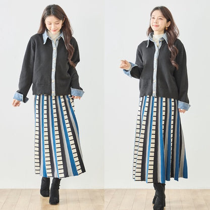 【M〜L】デニム衿コンビニットプルオーバーカーディガン｜異素材ミックス・大人カジュアル・着回し万能｜N22-221A