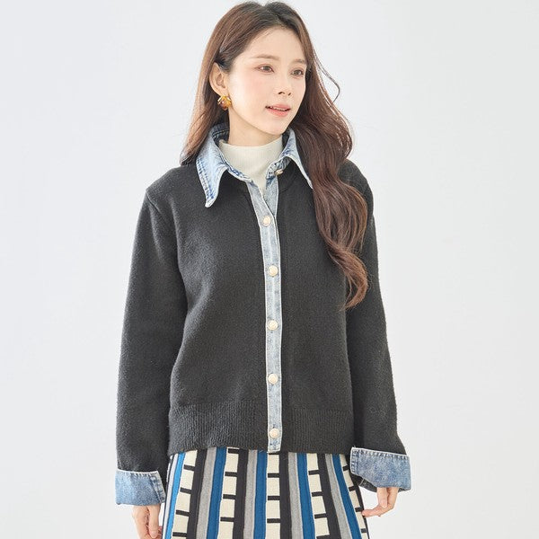 【M〜L】デニム衿コンビニットプルオーバーカーディガン｜異素材ミックス・大人カジュアル・着回し万能｜N22-221A