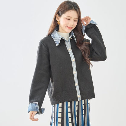 【M〜L】デニム衿コンビニットプルオーバーカーディガン｜異素材ミックス・大人カジュアル・着回し万能｜N22-221A