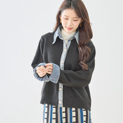 【M〜L】デニム衿コンビニットプルオーバーカーディガン｜異素材ミックス・大人カジュアル・着回し万能｜N22-221A