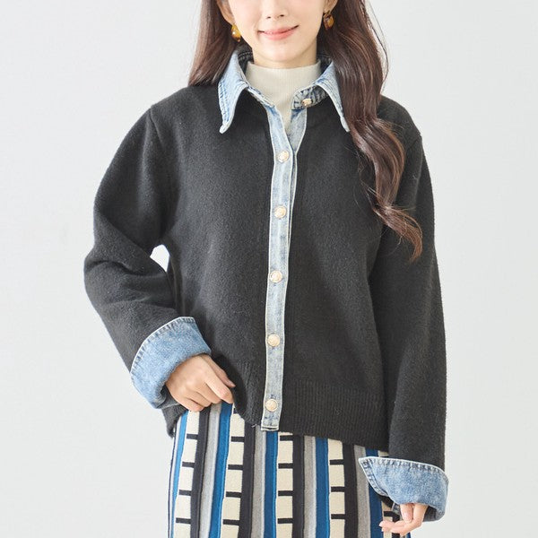 【M〜L】デニム衿コンビニットプルオーバーカーディガン｜異素材ミックス・大人カジュアル・着回し万能｜N22-221A