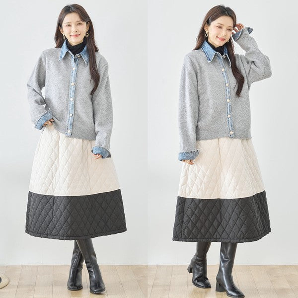 【M〜L】デニム衿コンビニットプルオーバーカーディガン｜異素材ミックス・大人カジュアル・着回し万能｜N22-221A