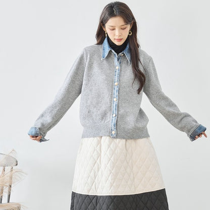 【M〜L】デニム衿コンビニットプルオーバーカーディガン｜異素材ミックス・大人カジュアル・着回し万能｜N22-221A