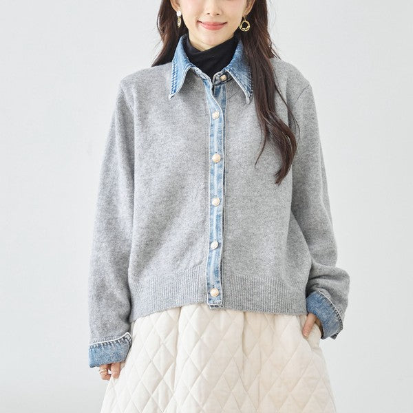 【M〜L】デニム衿コンビニットプルオーバーカーディガン｜異素材ミックス・大人カジュアル・着回し万能｜N22-221A