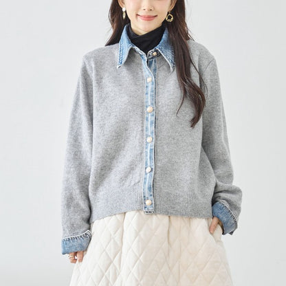 【M〜L】デニム衿コンビニットプルオーバーカーディガン｜異素材ミックス・大人カジュアル・着回し万能｜N22-221A