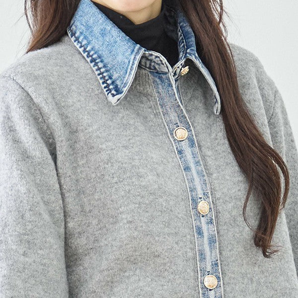 【M〜L】デニム衿コンビニットプルオーバーカーディガン｜異素材ミックス・大人カジュアル・着回し万能｜N22-221A
