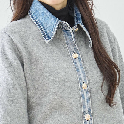 【M〜L】デニム衿コンビニットプルオーバーカーディガン｜異素材ミックス・大人カジュアル・着回し万能｜N22-221A