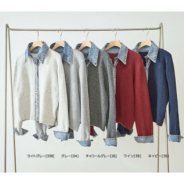 【M〜L】デニム衿コンビニットプルオーバーカーディガン｜異素材ミックス・大人カジュアル・着回し万能｜N22-221A