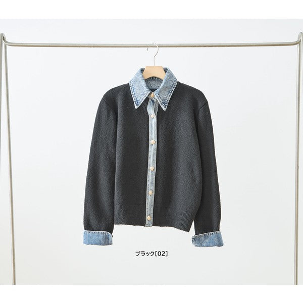 【M〜L】デニム衿コンビニットプルオーバーカーディガン｜異素材ミックス・大人カジュアル・着回し万能｜N22-221A