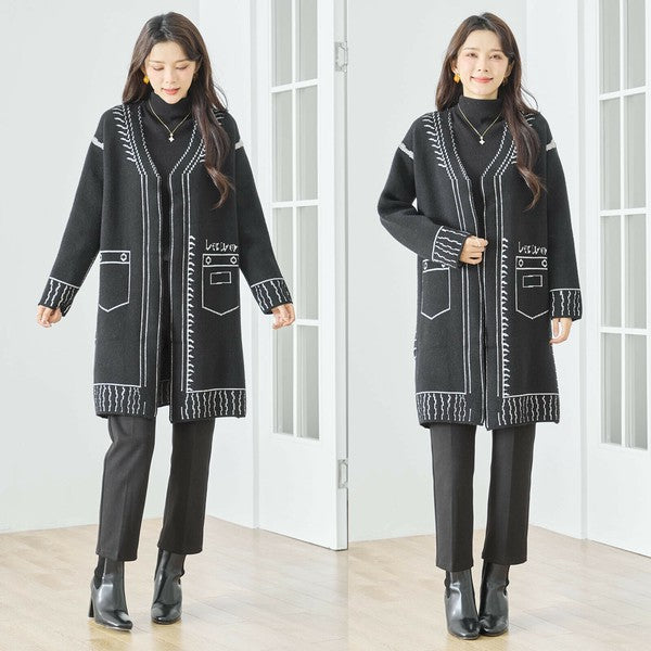 【M〜L】だまし絵ステッチデザインロングカーディガン｜体型カバー・大人可愛い・ロング丈・TRUBE・N25-244