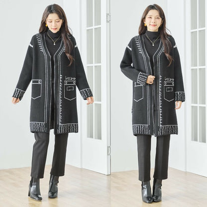 【M〜L】だまし絵ステッチデザインロングカーディガン｜体型カバー・大人可愛い・ロング丈・TRUBE・N25-244