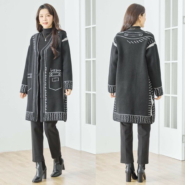 【M〜L】だまし絵ステッチデザインロングカーディガン｜体型カバー・大人可愛い・ロング丈・TRUBE・N25-244