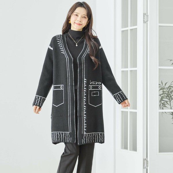 【M〜L】だまし絵ステッチデザインロングカーディガン｜体型カバー・大人可愛い・ロング丈・TRUBE・N25-244